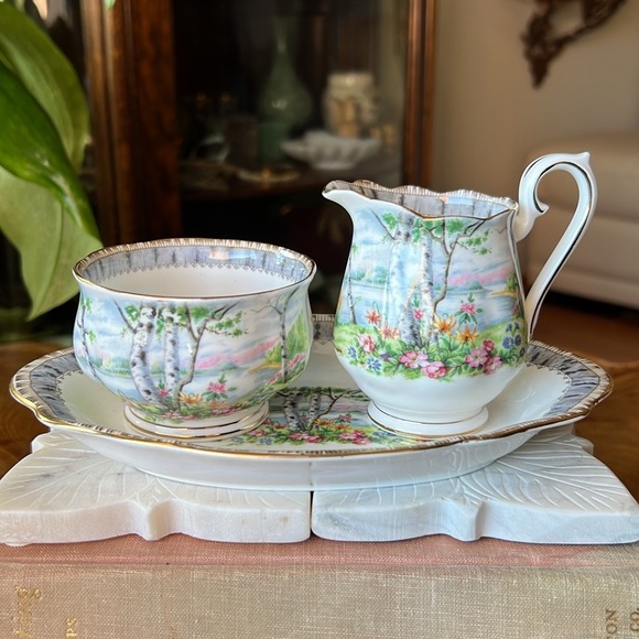 Vintage Royal Albert Silver Birch Mini Cream and Sugar Dish Bone China England - Picture 10 of 12